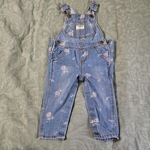 Infant OshKosh Bgosh Denim Overalls 9-12 m Blue‎ Floral Buttons Diaper Snaps